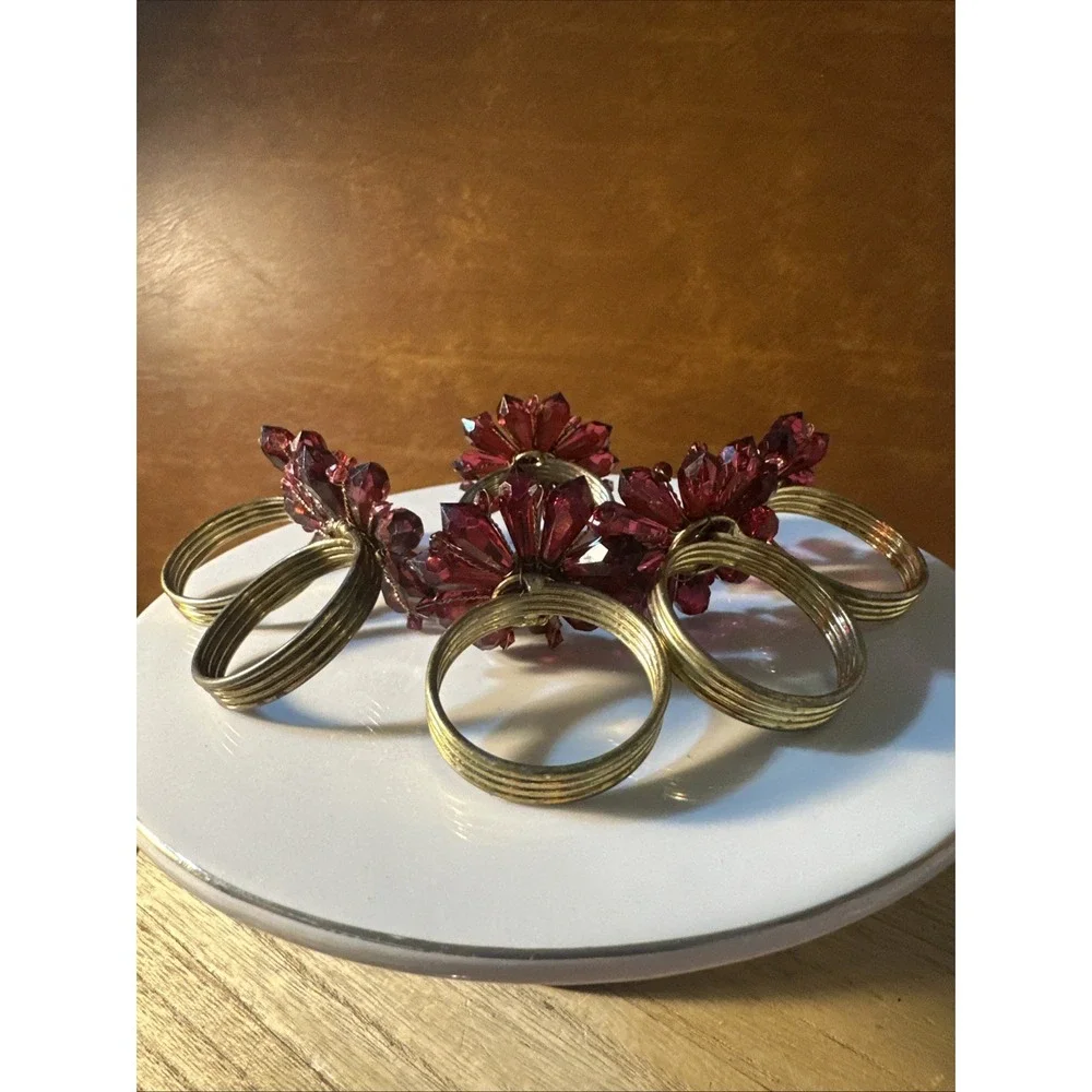 HANDMADE Reddish, Purple Jeweled & BEADED NAPKIN RINGS  SET of 6 gorgeous